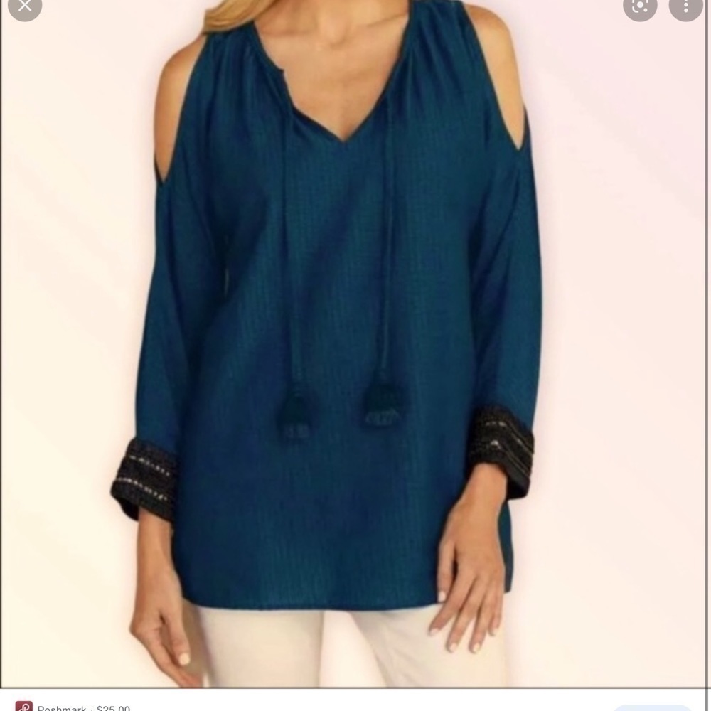 Soft Surroundings Chandra PS Tunic Kaftan Top Peasant Boho Beaded hem Blue T132